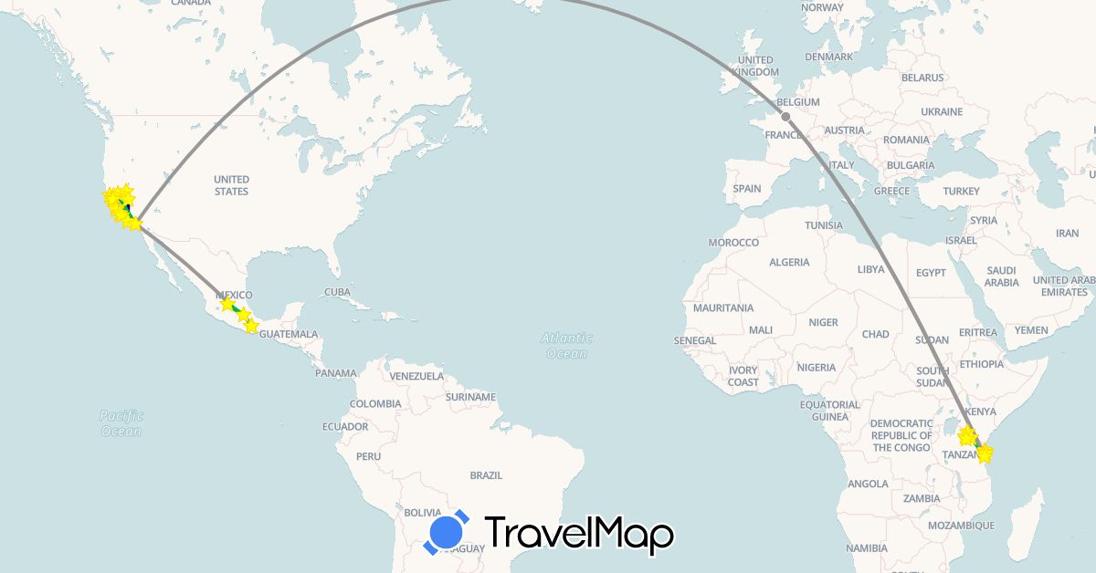 TravelMap itinerary: driving, bus, plane, hiking, boat, motorbike in France, Mexico, Tanzania, United States (Africa, Europe, North America)